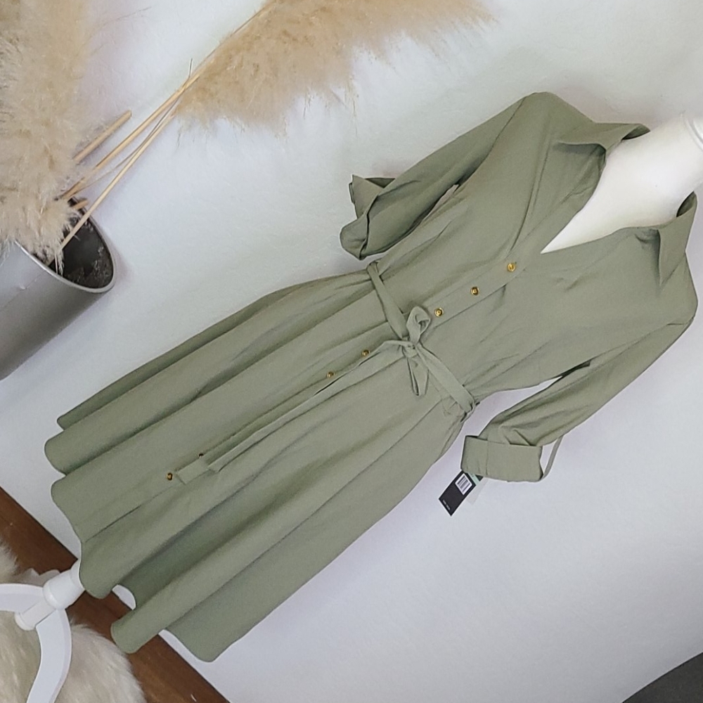 NWT Sharagano olive green shirt dress size 8